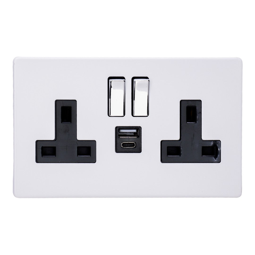 Varilight Primed 2-Gang 13A Single Pole Switched Socket with 1x USB A & 1x USB C Charging Ports – XDY5UACBS.PD image 0