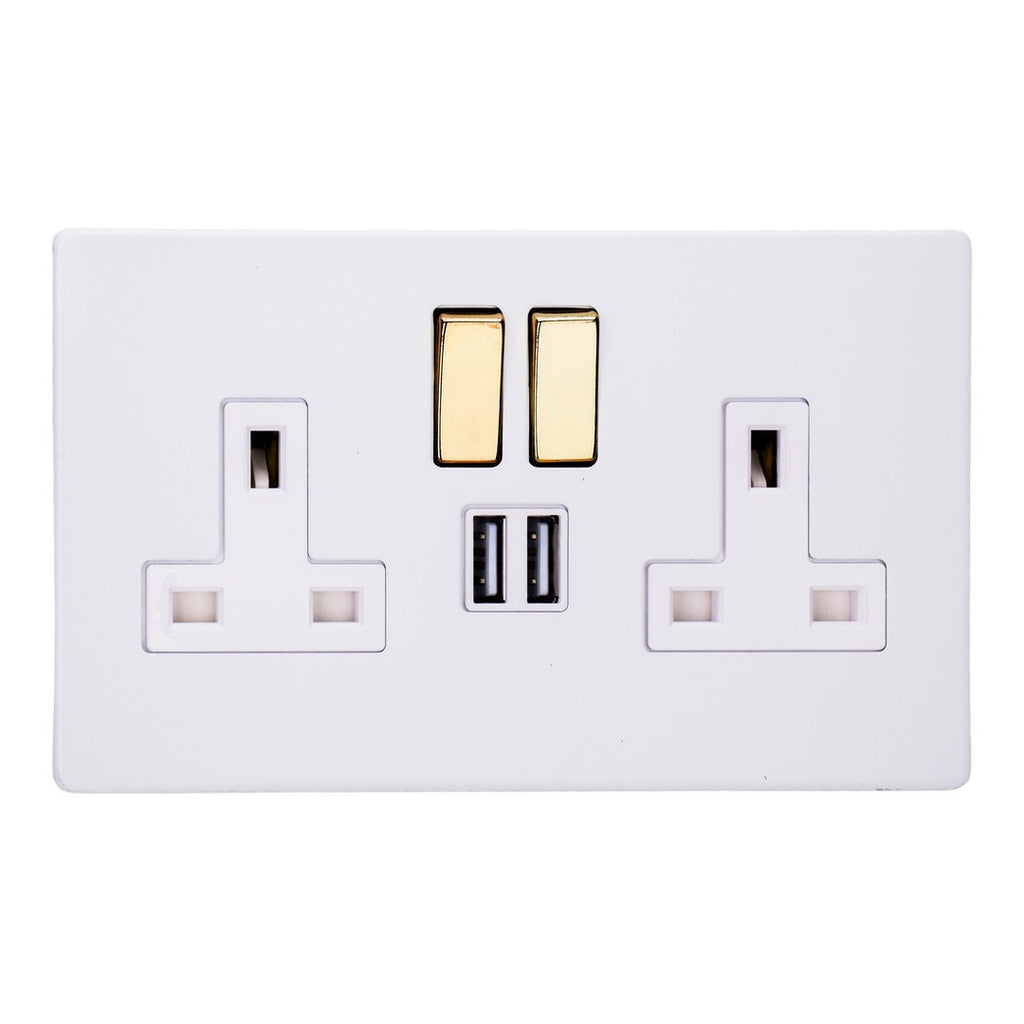 Varilight Primed 2-Gang 13A Single Pole Switched Socket + 2x5V DC 2100mA USB Charging Ports XDY5U2SVWS.PD image 0