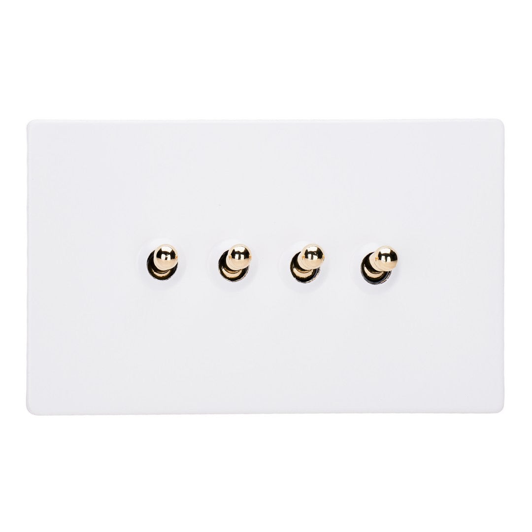 Varilight Primed 4-Gang 10A 1- or 2-Way Toggle Switch (Twin Plate) with Brass Toggle - XDYT9VS.PD image 0