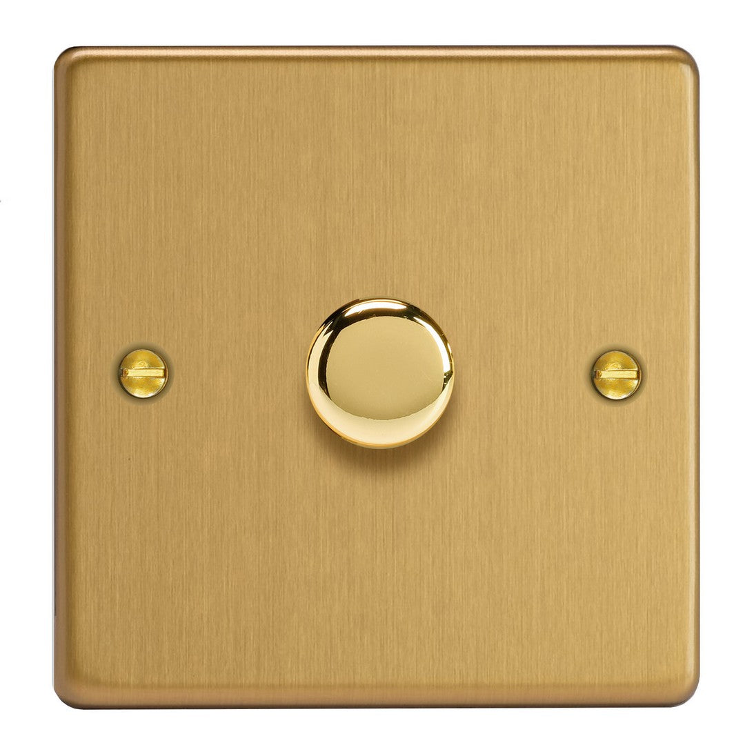 Brushed Brass 1-Gang 2-Way V-Pro Push On/Off Rotary LED Dimmer 1 x 0-120W JDEP401.BB image 0