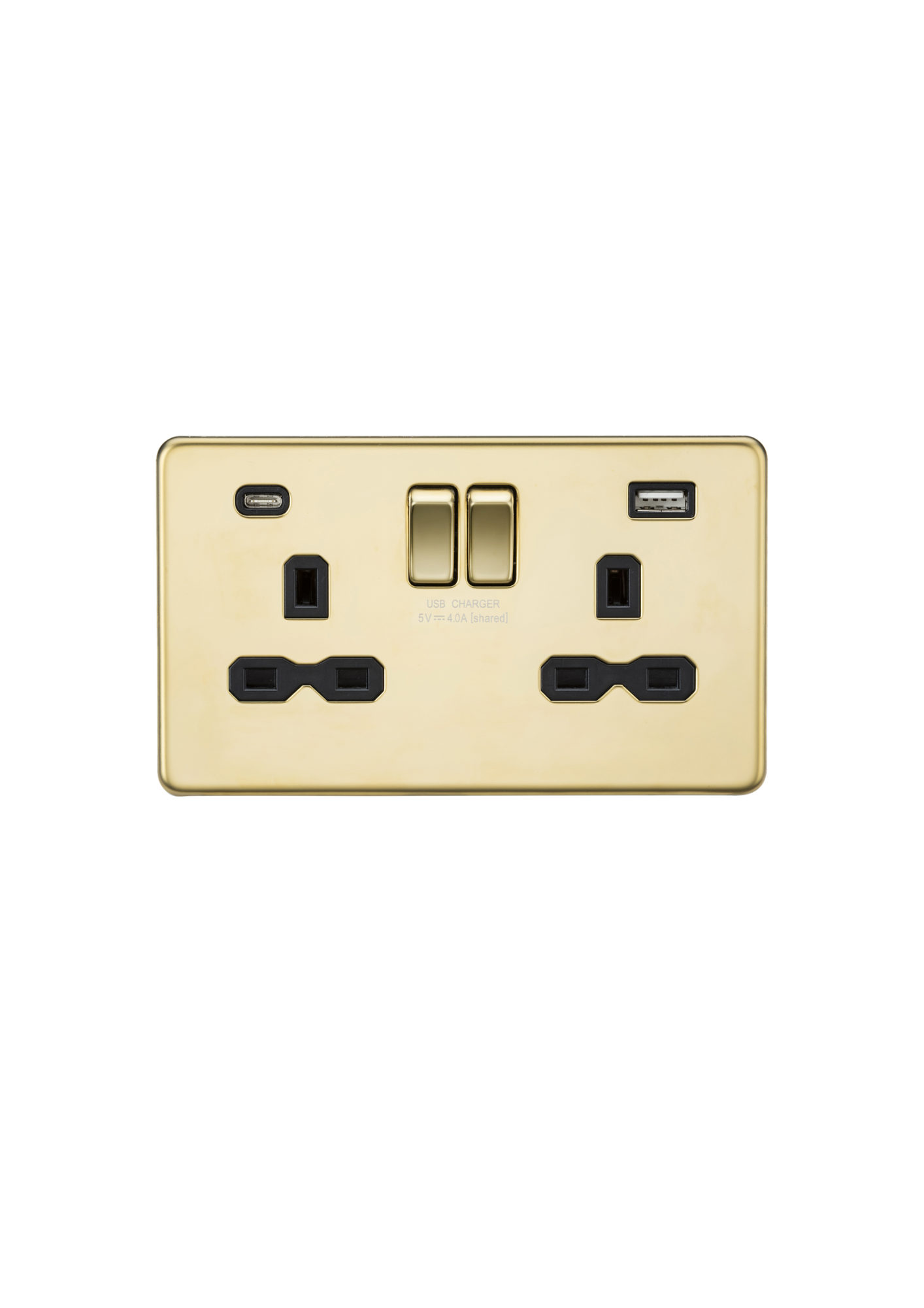 Polished Brass 13A 2G SP Switched Socket with Dual USB A+C (5V DC 4.0A shared) with Black Insert - SFR9940PB image 0