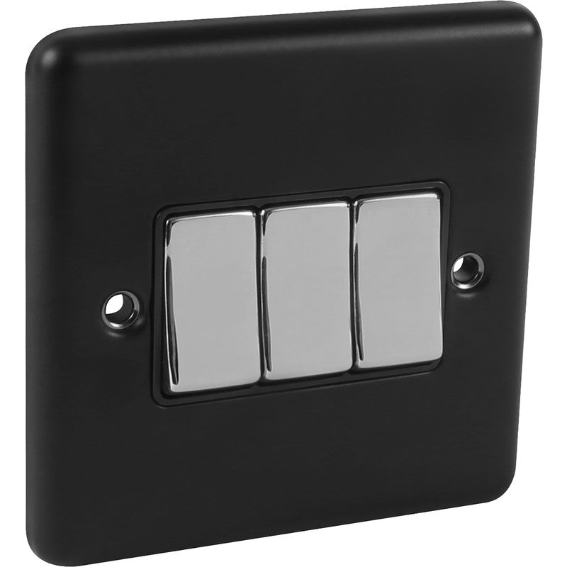 Matt Black 3 Gang 10A 2 Way Switch with Polished Chrome Rocker W03MBPC image 0