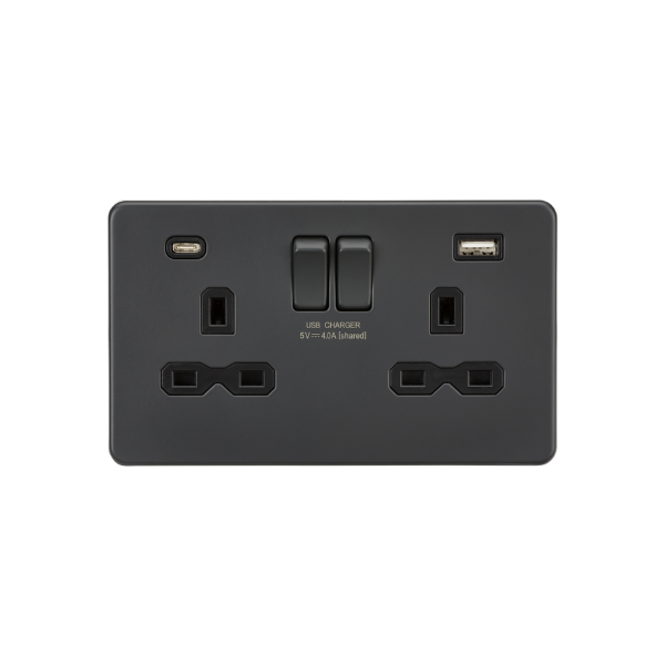 Anthracite 13A 2G SP Switched Socket with Dual USB A+C (5V DC 4.0A shared) with Black Insert - SFR9940AT image 0