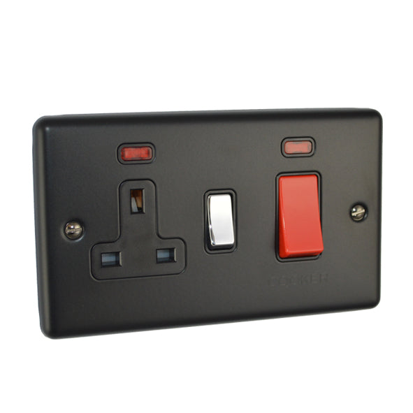 Matt Black 45A Double Cooker Switch with 13A Socket and Polished Chrome Rocker - W41MBPC image 0