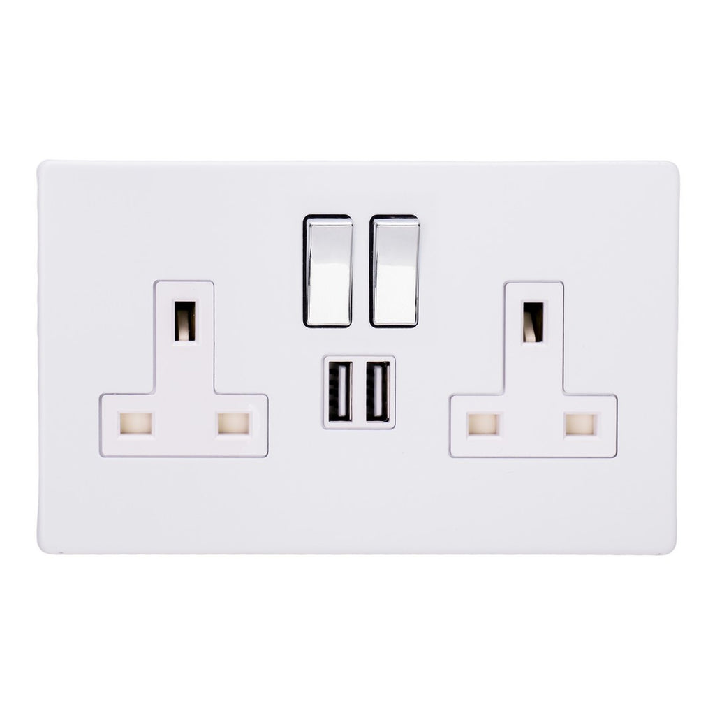 Varilight Primed 2-Gang 13A Single Pole Switched Socket + 2x5V DC 2100mA USB Charging Ports XDY5U2SWS.PD image 0