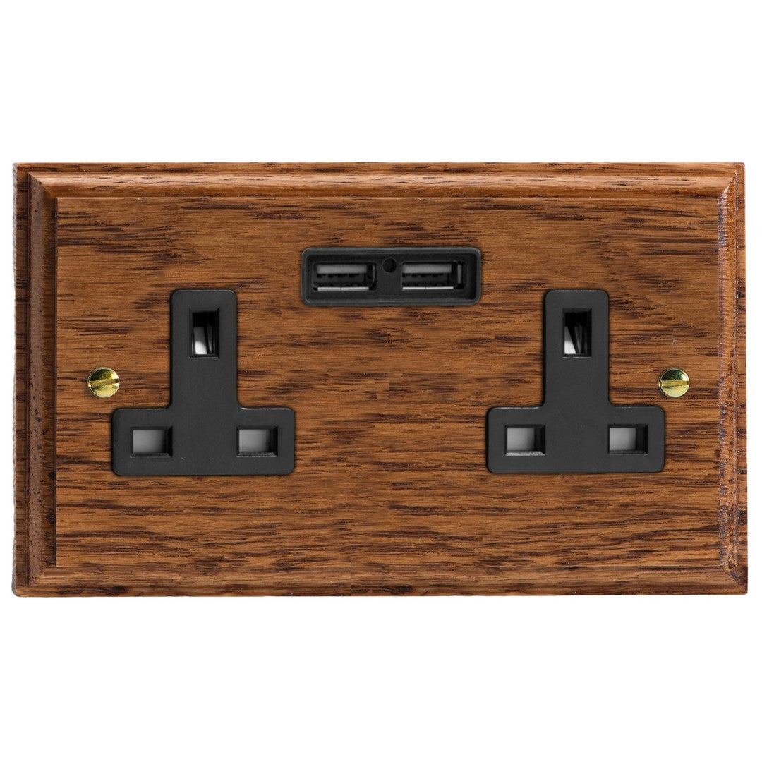 Varilight Kilnwood 2-Gang 13A Unswitched Socket with 2 x 12W Shared USB A - XK5U2MOB image 0