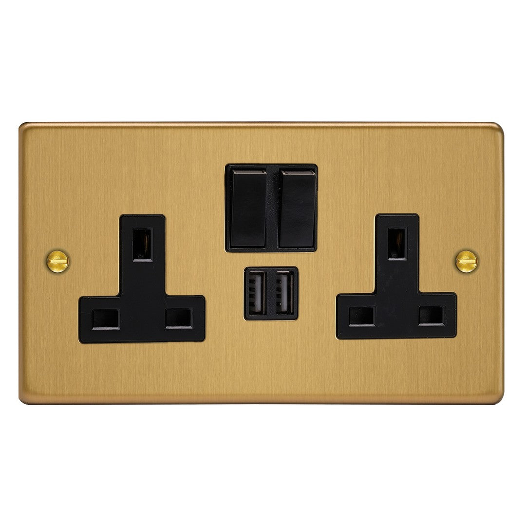 Brushed Brass 2-Gang 13A Single Pole Switched Socket + 2x5V DE 2100mA USB Charging Ports XDE5U2SB.BB image 0