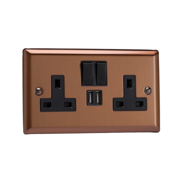 Urban Brushed Bronze 2-Gang 13A Single Pole Switched Socket + 2x5V DC 2100mA USB Charging Ports XY5U2SB.BZ image 0