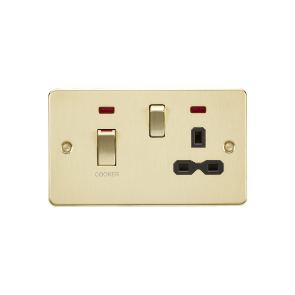 Brushed Brass 45A DP Switch & 13A Socket with Neons with Black Insert - FPR83MNBB image 0