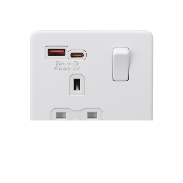 Matt White 13A 1G SP Switched Socket with Dual USB A+C 12V DC 1.5A [Max. 18W] with White Insert - SFR9919MW image 0