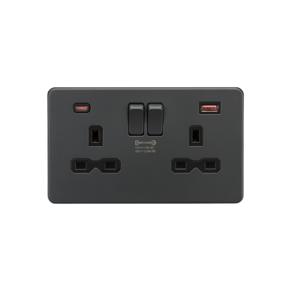 Anthracite 13A 2G DP Switched Socket with Dual USB A+C 20V DC 2.25A (Max. 45W) with Black Insert - SFR9945AT image 0
