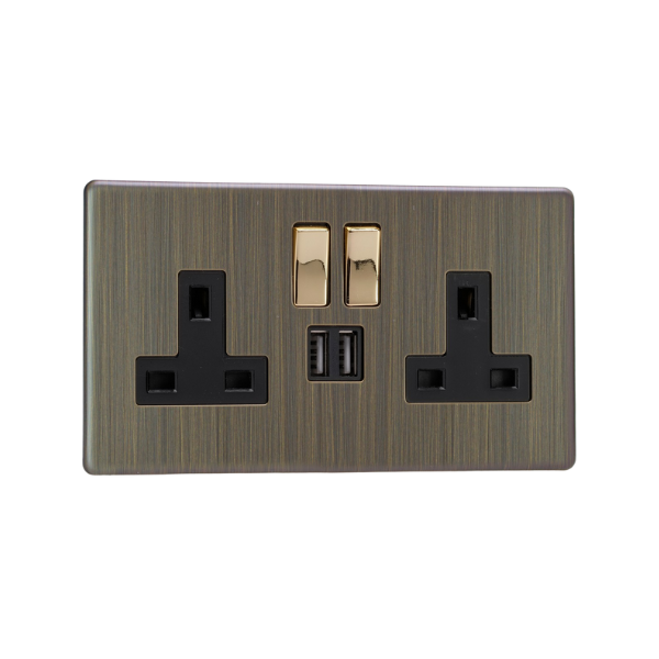Urban Screwless Antique Brass 2-Gang 13A Single Pole Switched Socket + 2x5V DC 2100mA USB Charging Ports XDY5U2SBS.AB image 0