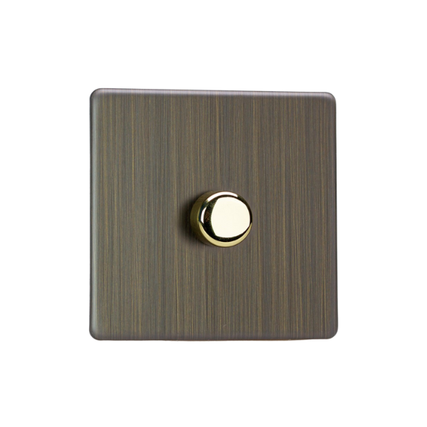 Urban Screwless Antique Brass 1-Gang 2-Way V-Pro Push On/Off Rotary LED Dimmer 1 x 0-120W (1-10 LEDs) JDYP401S.AB image 0