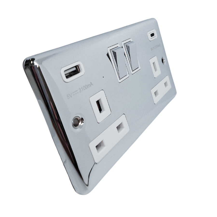 Polished Chrome White USB A & C Type Switched Socket 2 Gang 3.1A – W67PCW image 0
