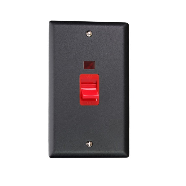 Varilight Vogue Matt Black 45A Cooker Switch + Neon (Vertical Twin Plate, Red Rocker) - XY45N.MB image 0